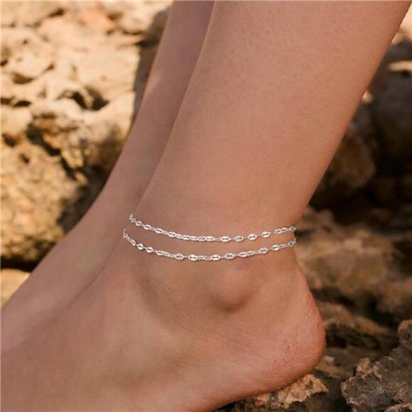 Sterling Silver Ankle Bracelets for Women: Dainty Layered Waterproof Anklet for - Picture 7 of 7